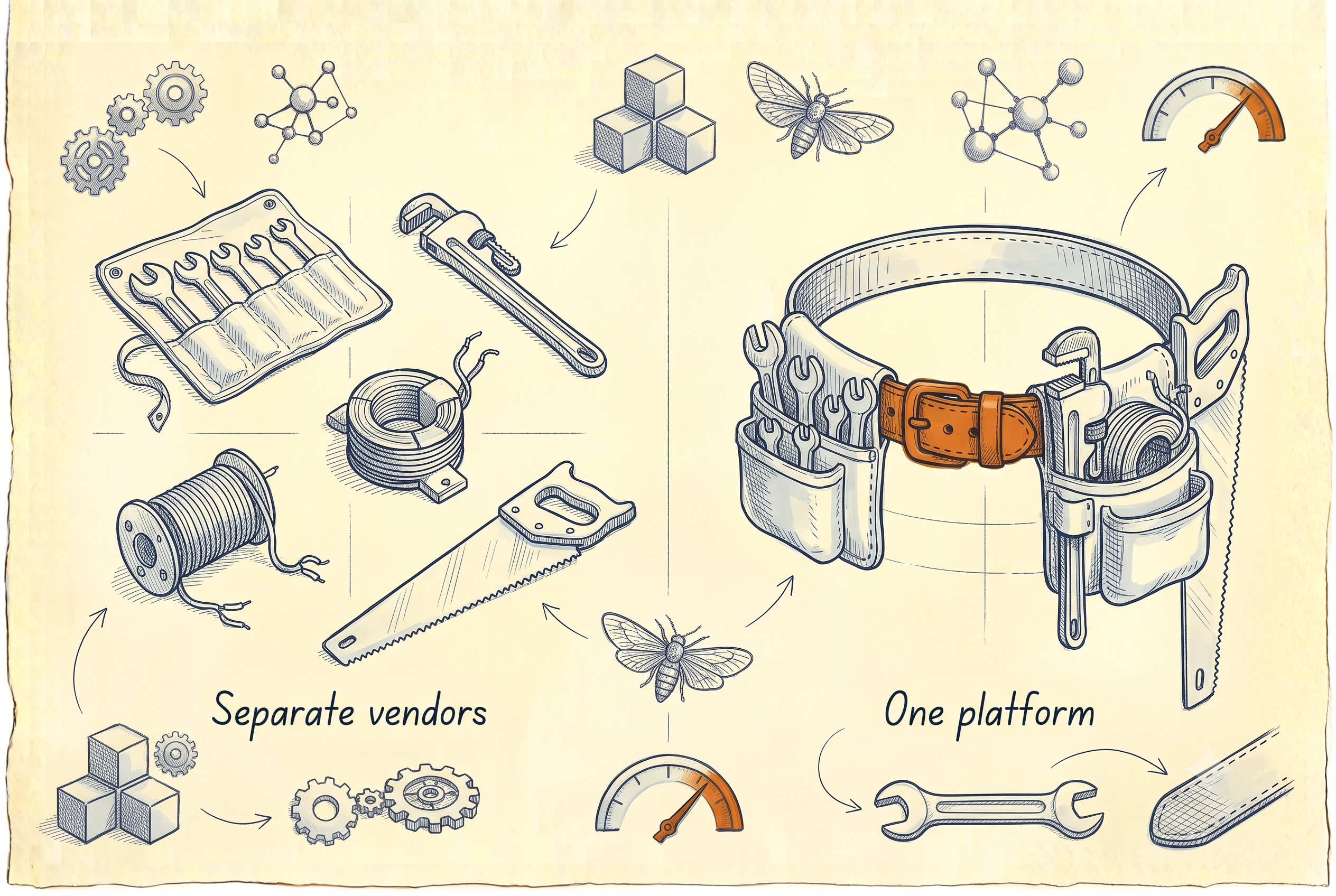 Field-guide plate contrasting four separate vendor tool-kits with a single unified tool-belt