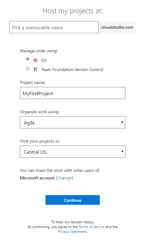 Create Visual Studio Team Services Accounts