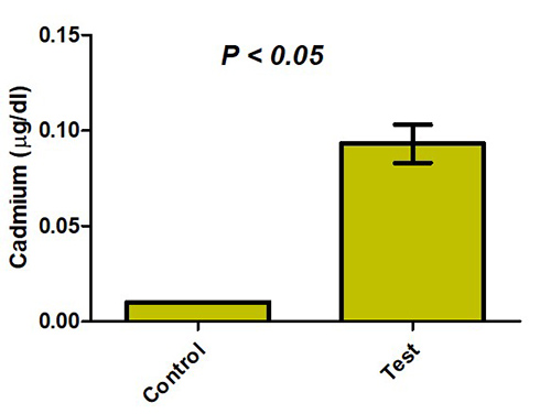 Showing Cadmium concentration of Wistar rats exposed to crude acetylene fumes. There was a significant increase in Test group compared with control (p<0.05)