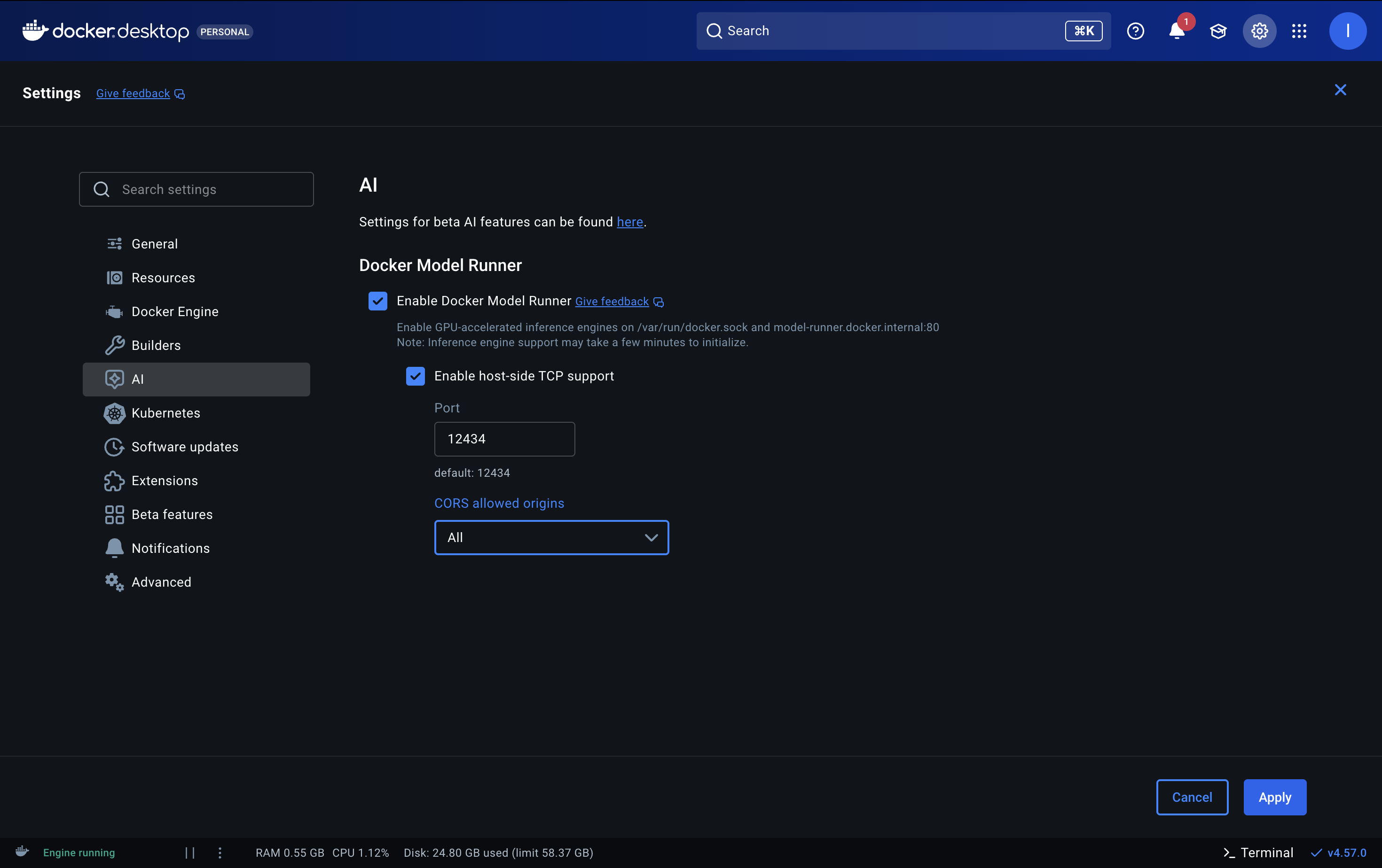 Docker Desktop AI Settings