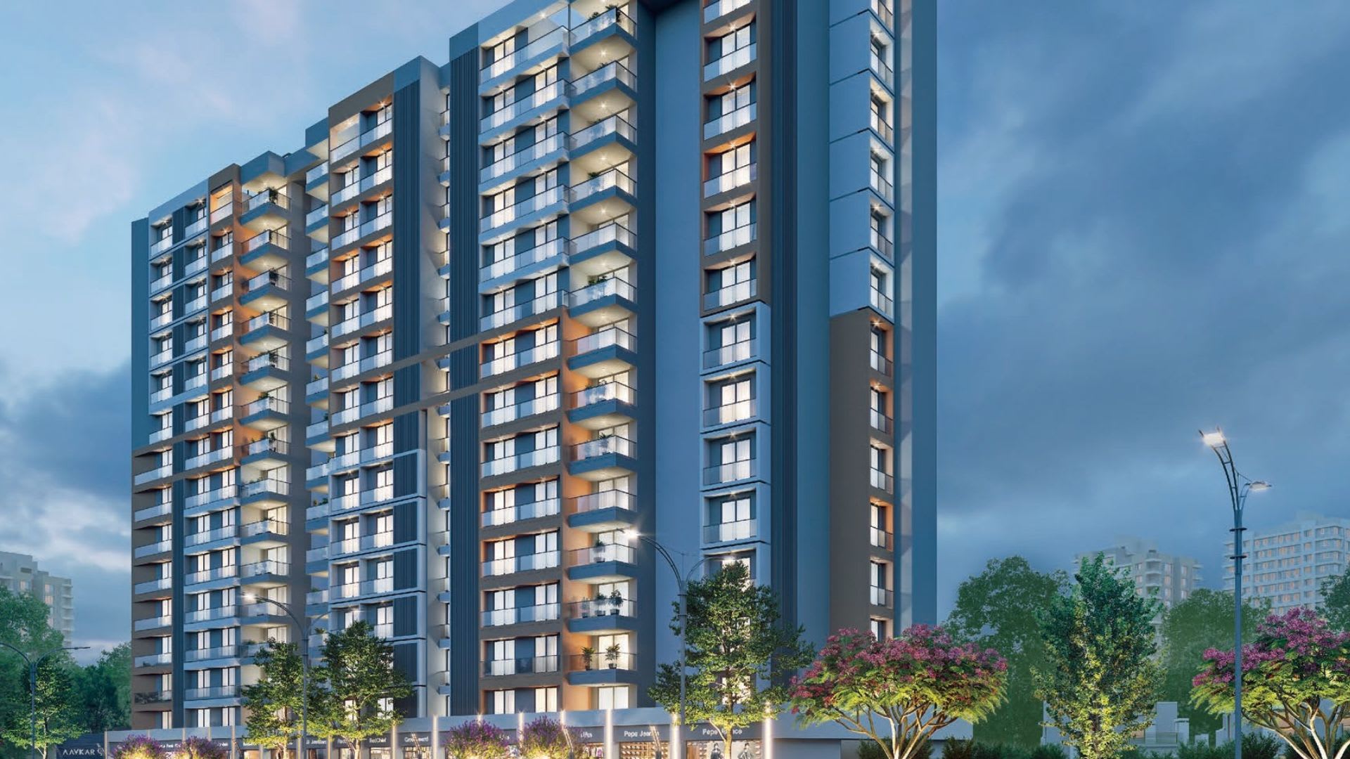 Aavkar 96, a residential tower with retail below in Sargasan