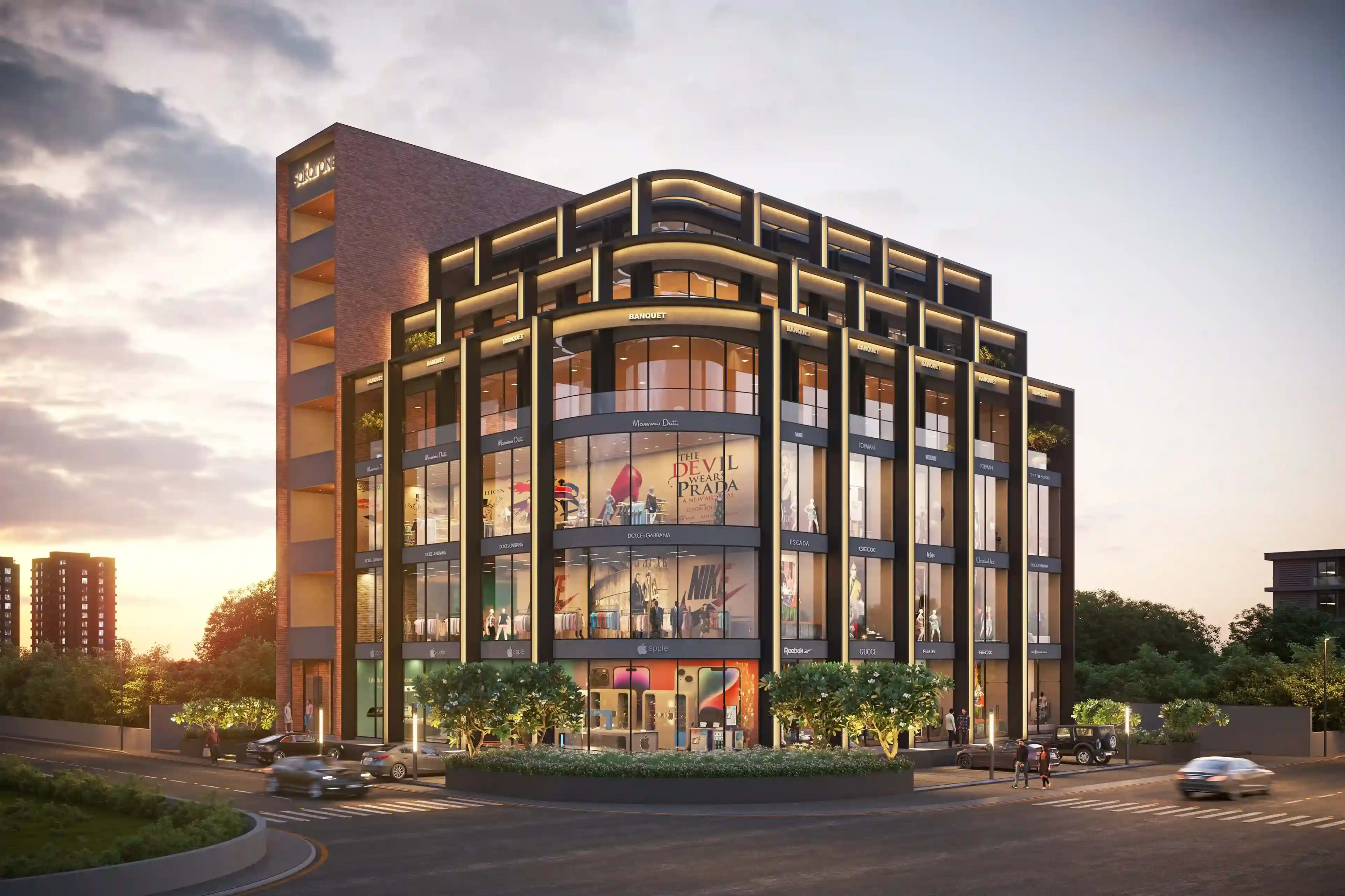 Street-level render of Sakar One at dusk, a glazed curved corner under lit bands