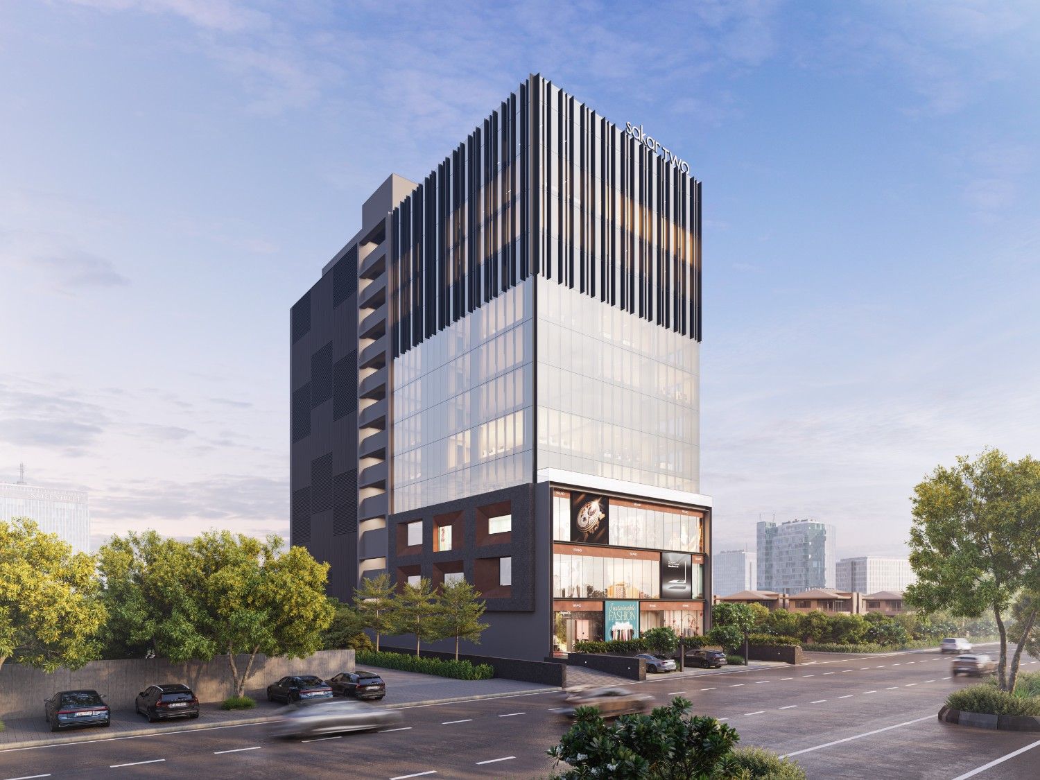 Render of the Sakar Two tower seen from across the junction, dark fins over a glass body