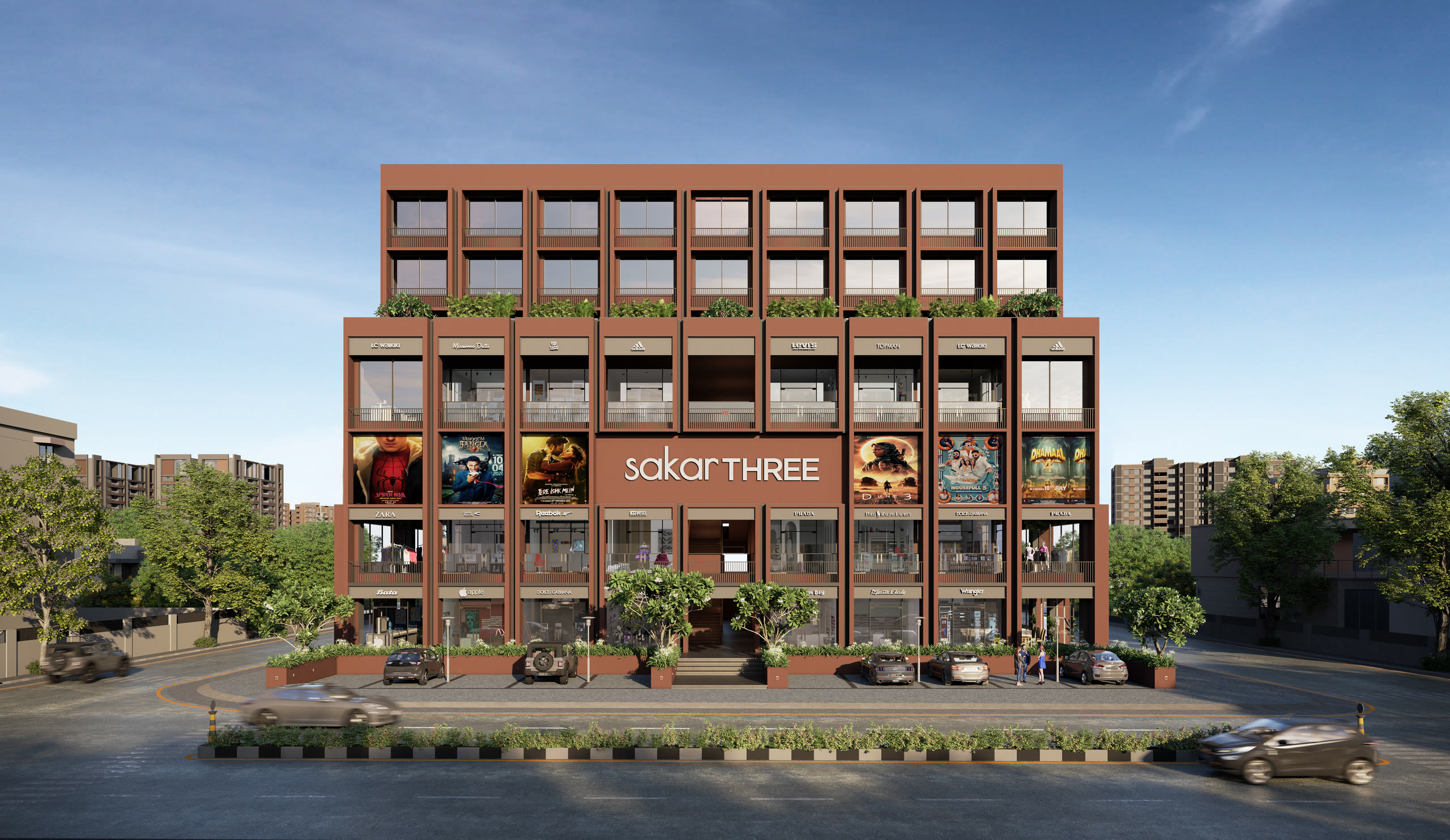 Render of Sakar Three, a brick-faced mixed-use building on HL College Road