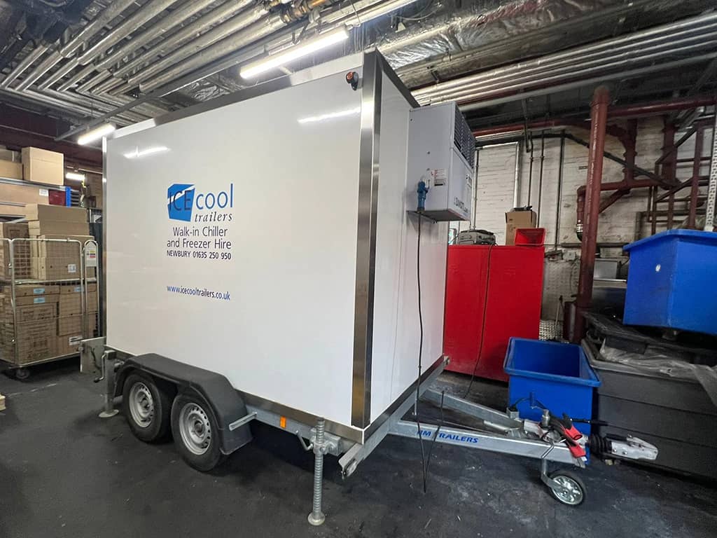 ICEcool walk-in chiller trailer in a warehouse, ready for hire