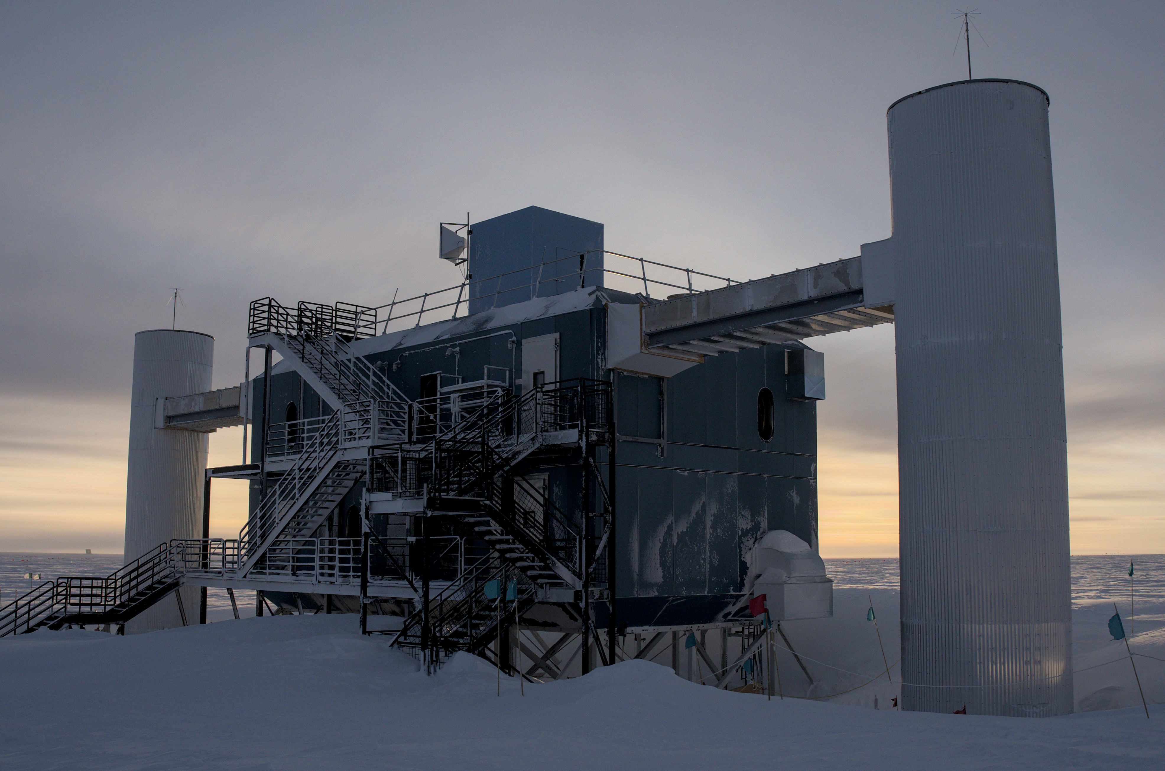 The IceCube Lab at sunset, in shadow and somewhat snowswept.