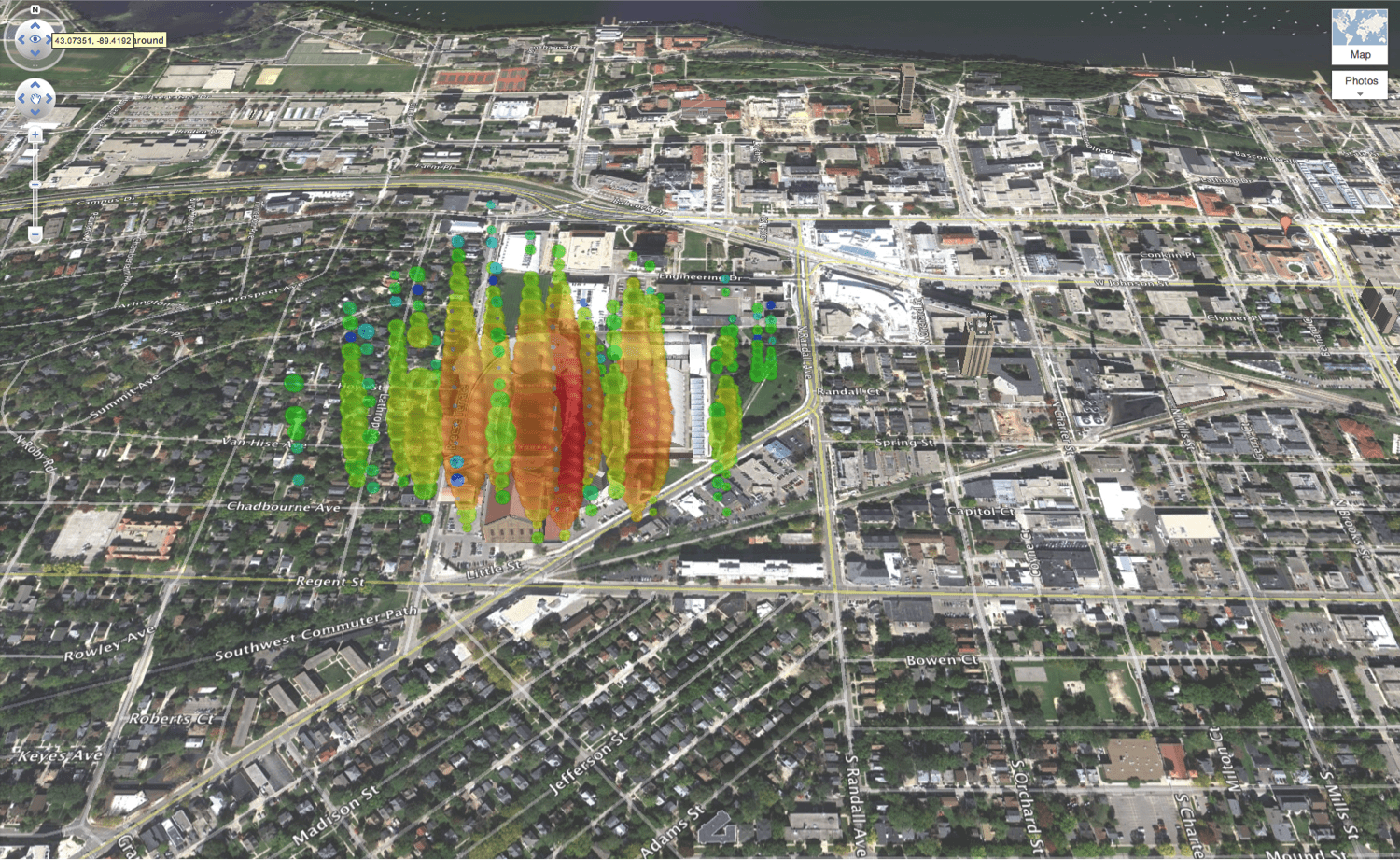 A high-energy neutrino over Madison, Wisconsin