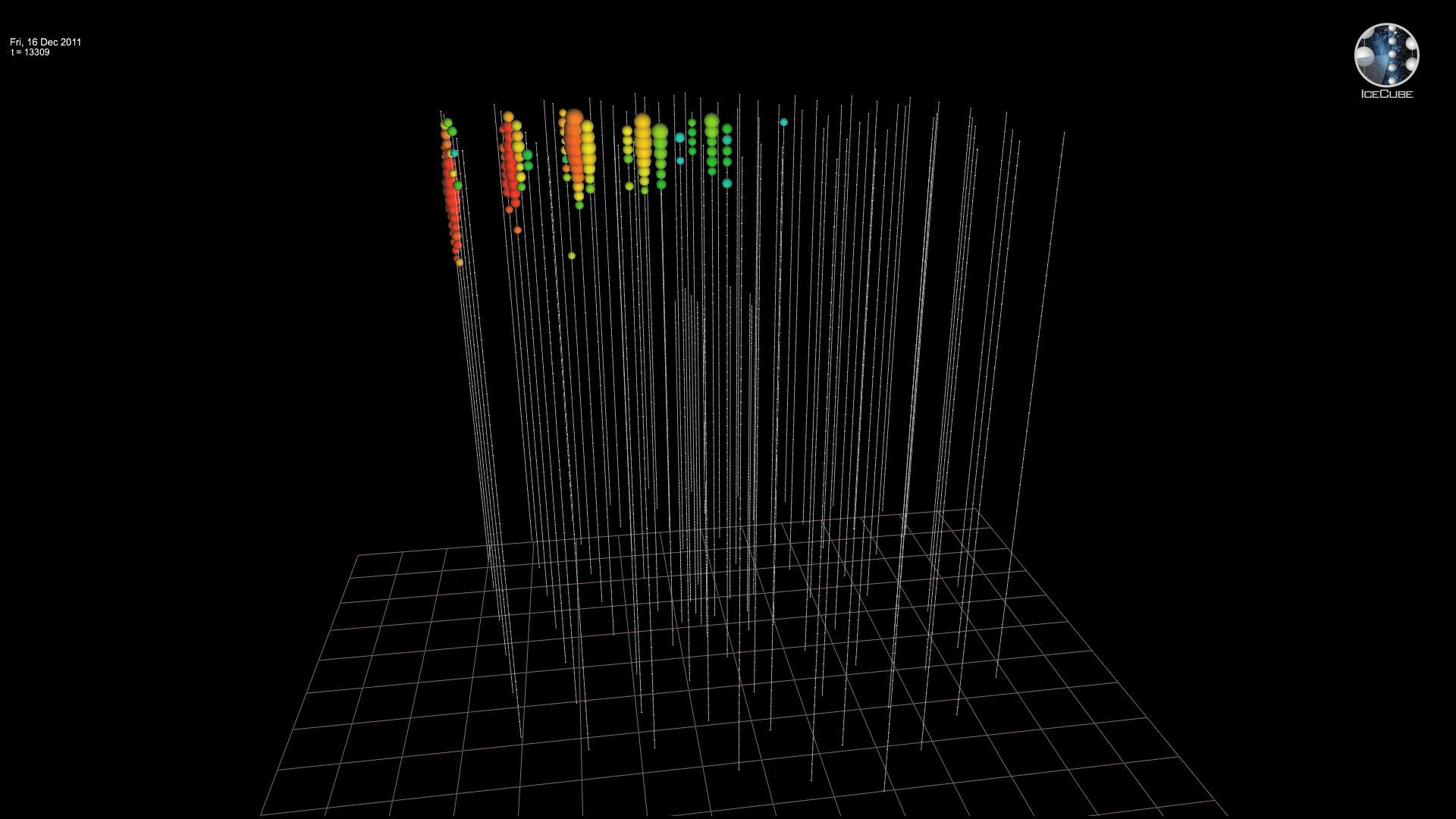 Video, IceCube Event ID 119136,66932419. Most probable neutrino energy: 713 TeV, December 16, 2011