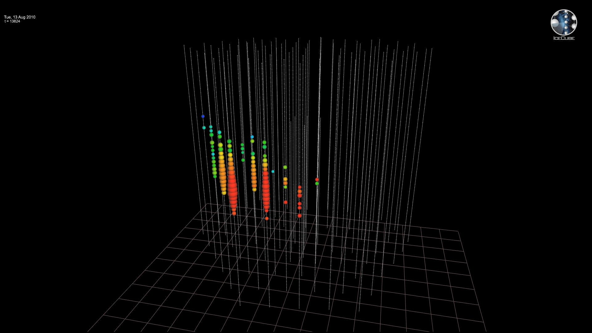 Video, IceCube Event ID 116357,6324295. Most probable neutrino energy: 1.7 PeV, August 13, 2010