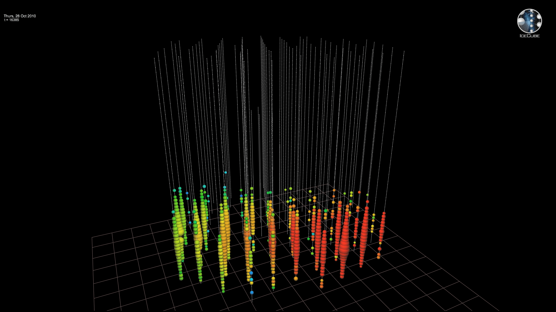 Video, IceCube Event ID 116807,9493609. Most probable neutrino energy: 880 TeV, October 28, 2010