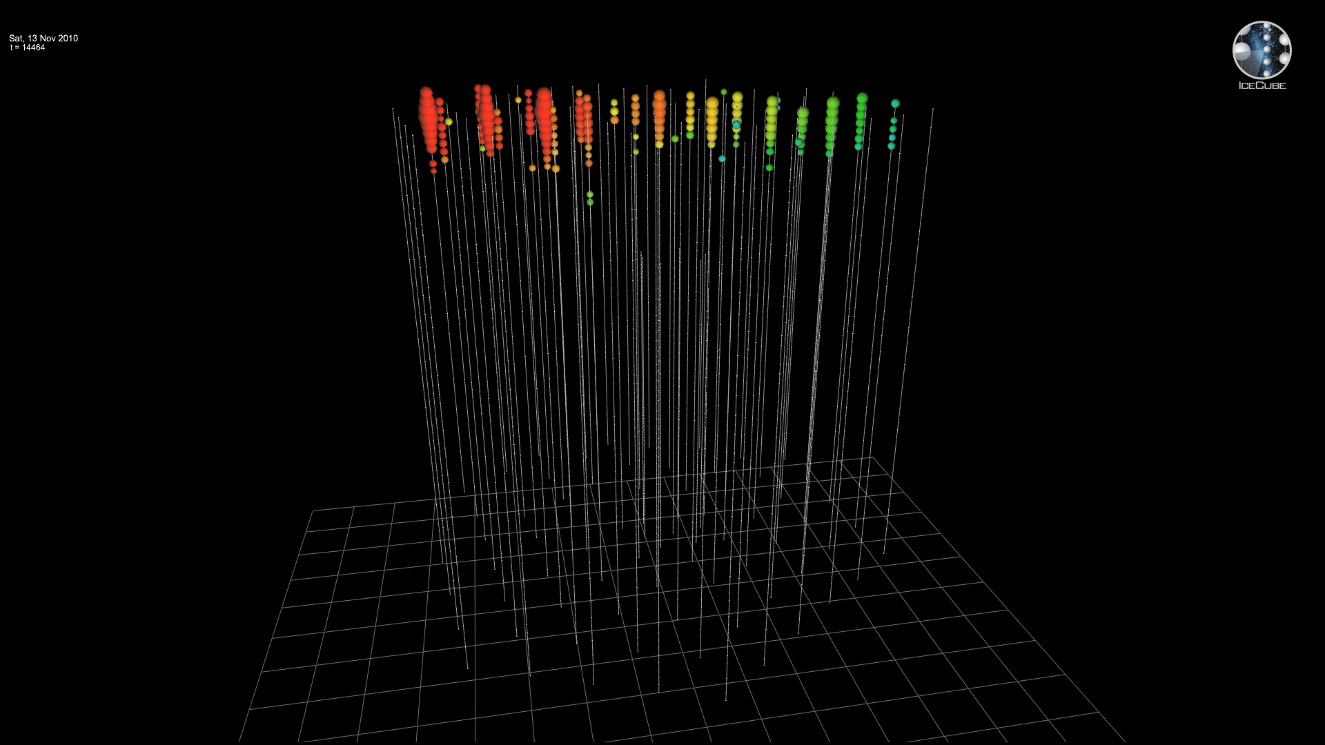 Video, IceCube Event ID 116883,17395151. Most probable neutrino energy: 709 TeV, November 13, 2010