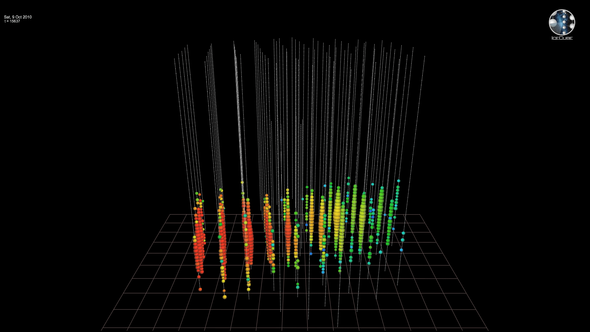 Video, IceCube Event ID 116701,6581938. Most probable neutrino energy: 466 TeV, October 9, 2010