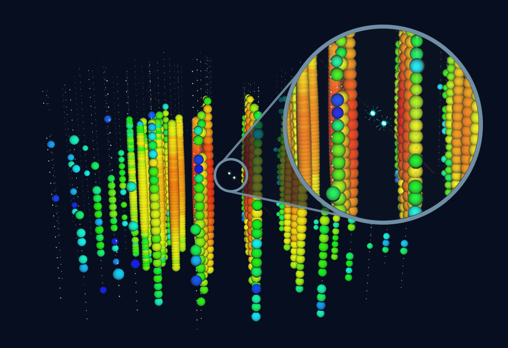 Tau-neutrino-induced light signals detected by the IceCube Neutrino Observatory. The zoomed in region shows the initial signal of a tau neutrino. A tau neutrino deposits most of its energy at two separate interaction points, as indicated by the two small spheres. Light then emanates from these two points and is detected by the surrounding sensors, depicted as colored spheres. The colors indicate the relative time at which each sensor detected light, following the colors of the rainbow, with red being earlier times and blue being later times.