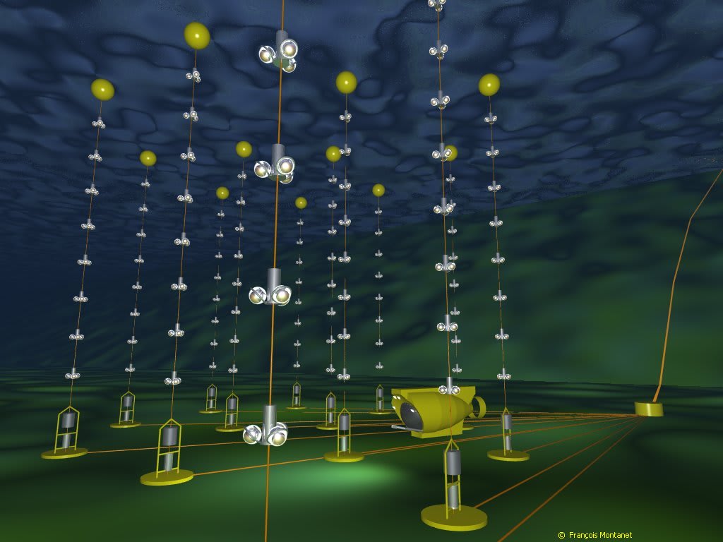 An artist's illustration of the ANTARES neutrino detector and, in the foreground, a submersible called the Nautile.