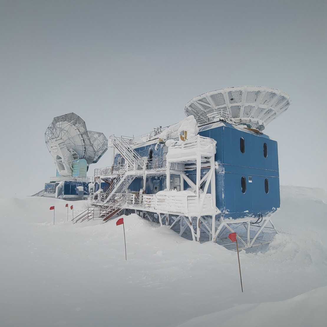 Close-up of the South Pole Telescope during early twilight conditions.