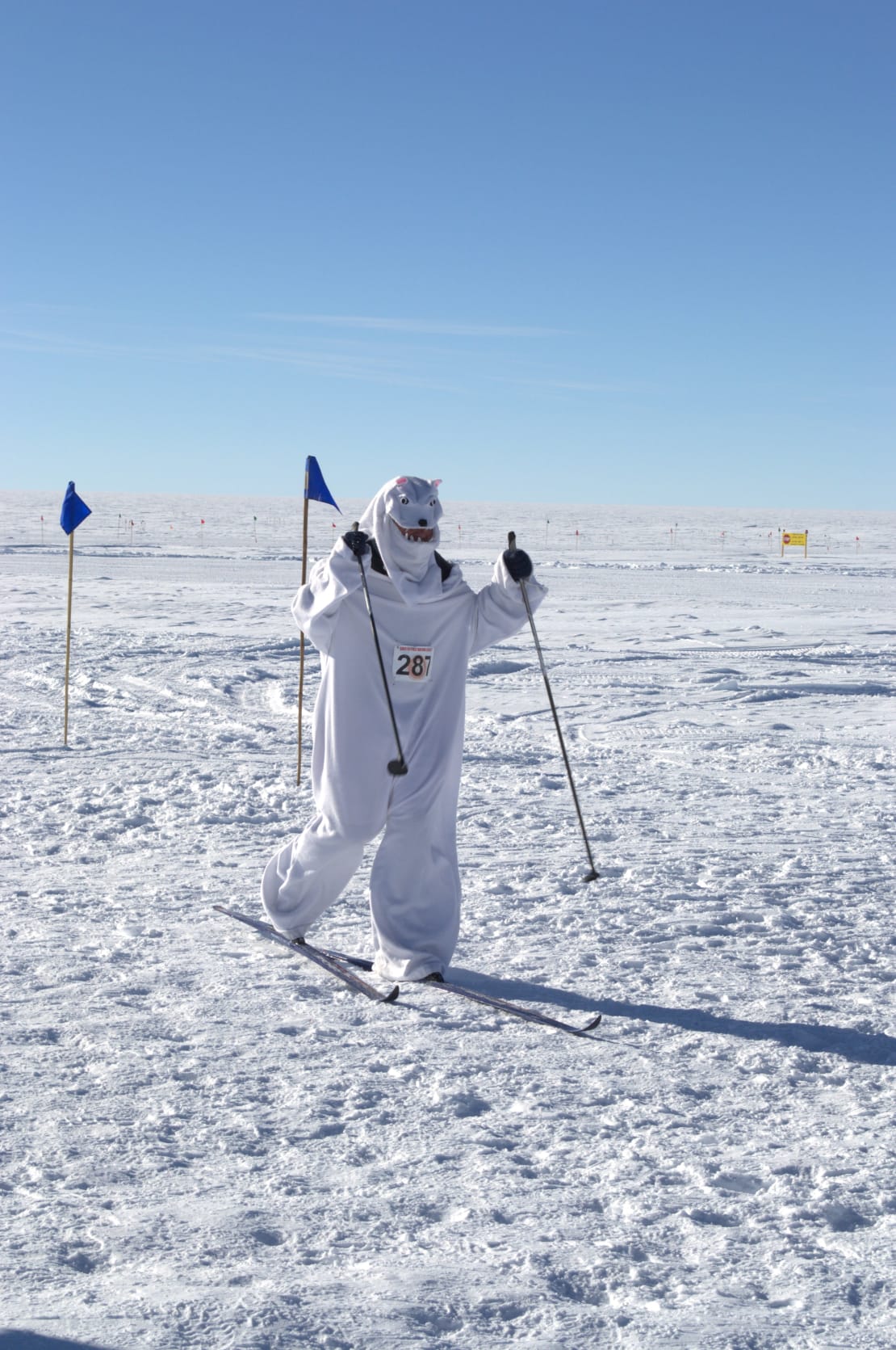 Person skiing in full costume.