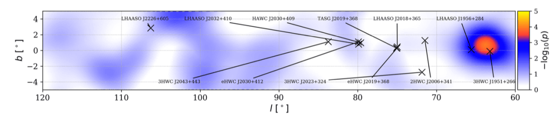 A map showing a portion of the galactic plane with an excess of neutrinos above the background