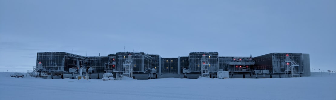 The South Pole station at dusk.