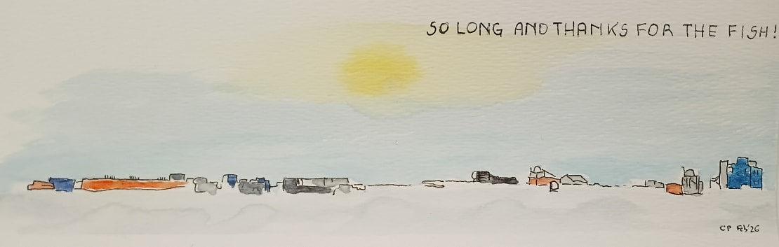 Ink and watercolor design of the summer drill camp and the IceCube Lab as a thank you note.