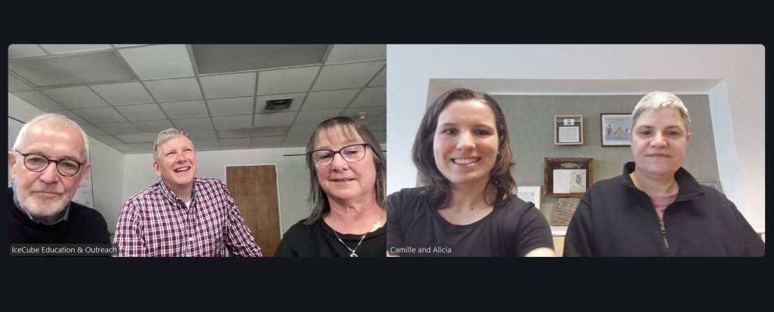 Spliced group photo from Zoom call, folks from US on the left, winterovers on the right.