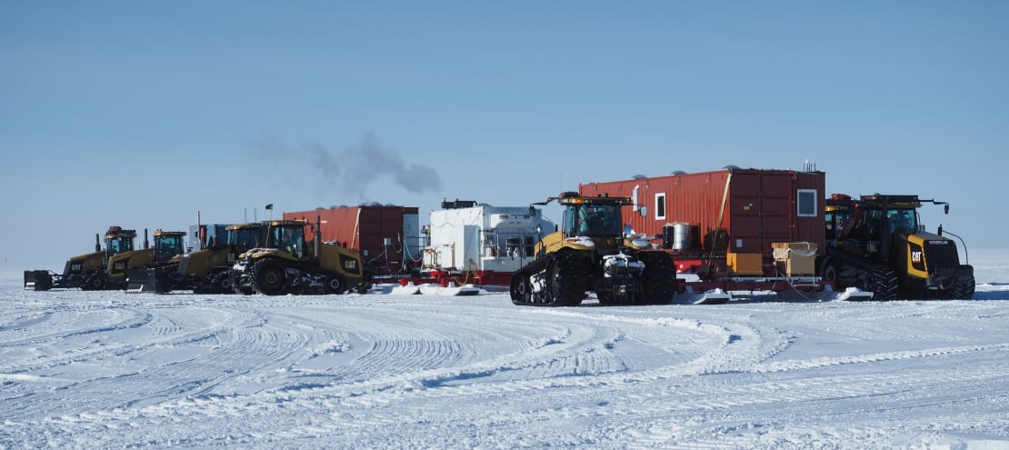 Camp for the South Pole traverse team includes trailers for living space.