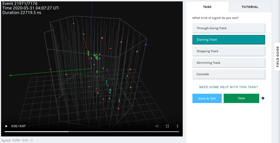 Volunteer users first watched a short video on the left. Then, based on the shape and timing of the colored bubbles, they were asked to pick the corresponding category from among the five options on the right.