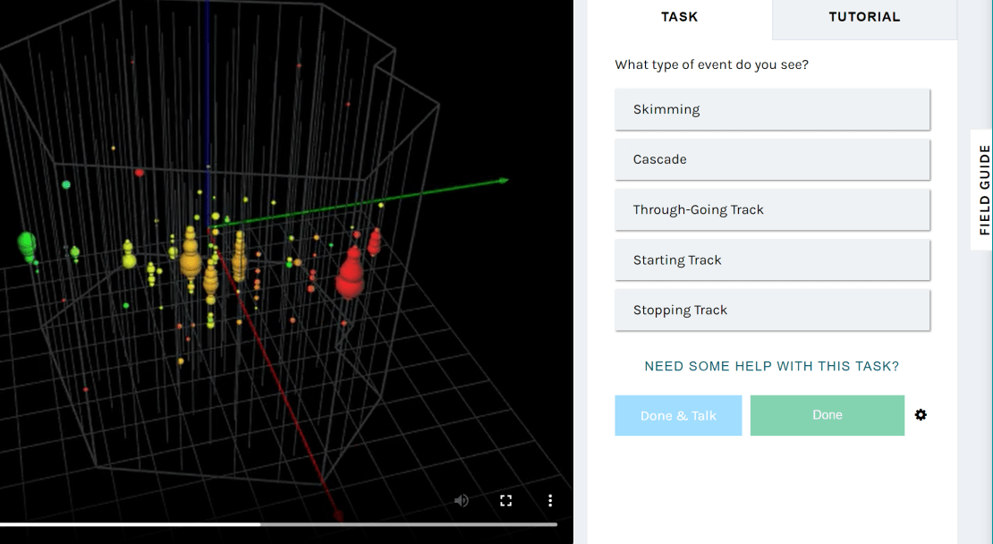 A screenshot showing an IceCube event on the left and tutorial on the right