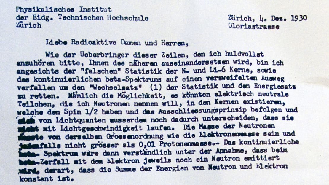 Scan of Pauli's famous letter from 1930 in which he postulates a hypothetical "neutron" particle that would be found to be the neutrino.