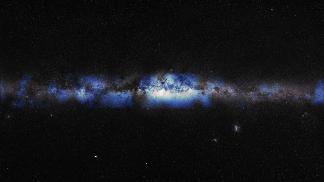 The Milky Way galaxy with blue neutrinos overlayed on it