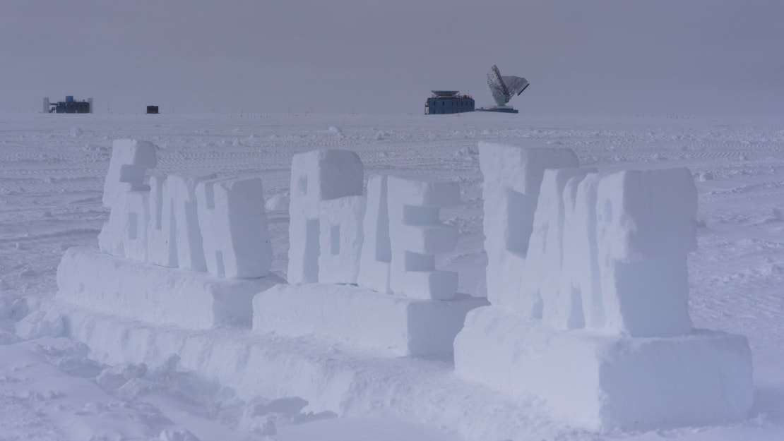 Blocks of ice carved to spell out “South Pole Camp.”