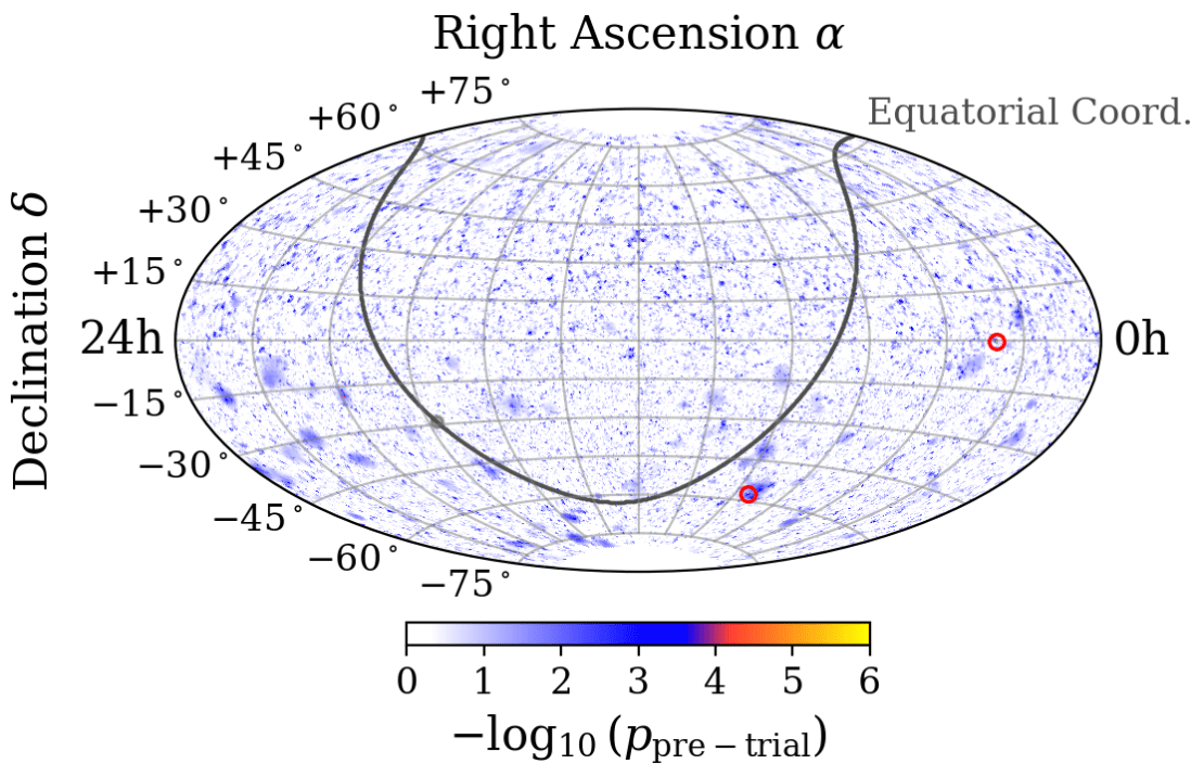 The neutrino sky map for events contained in this data release, showing the most significant points of clustering in the north and south. Credit: IceCube Collaboration