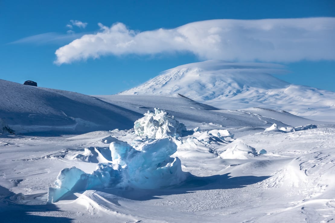 View of pressure ridges (ice formations) looking toward Mount Erebus.