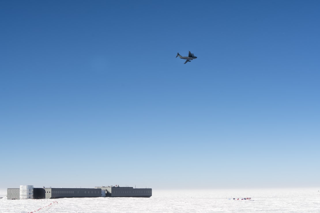 C17 flying above the South Pole station.