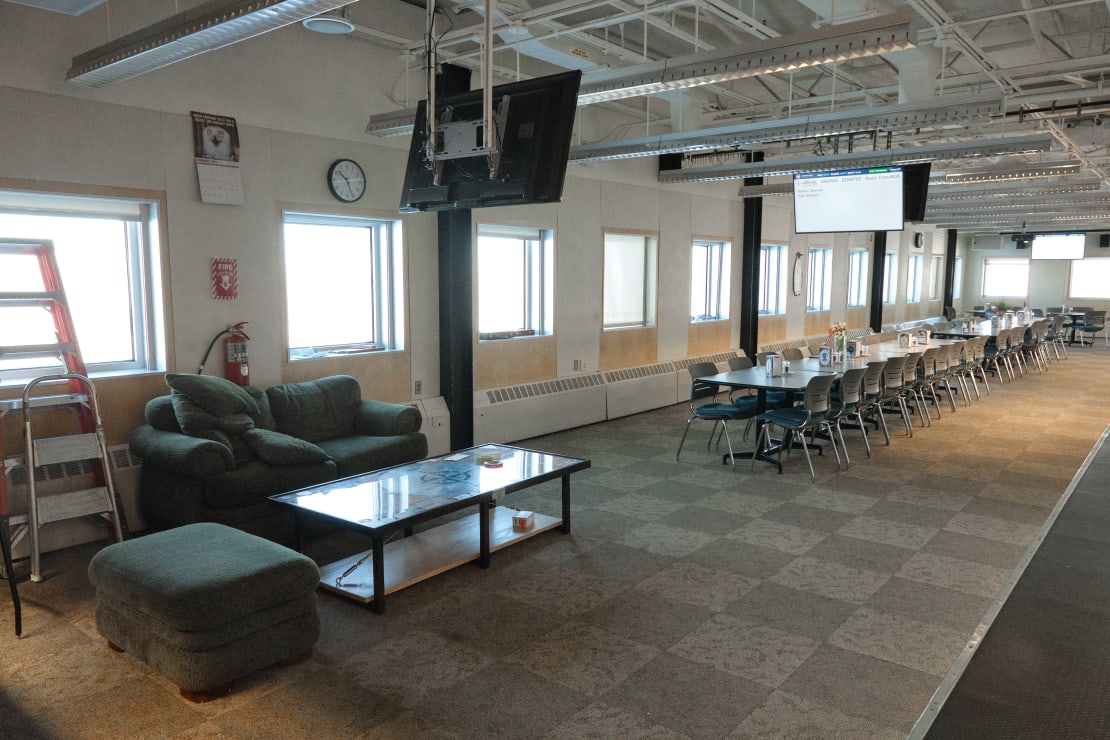 Long view of the South Pole galley after having dining tables rearranged into long line.