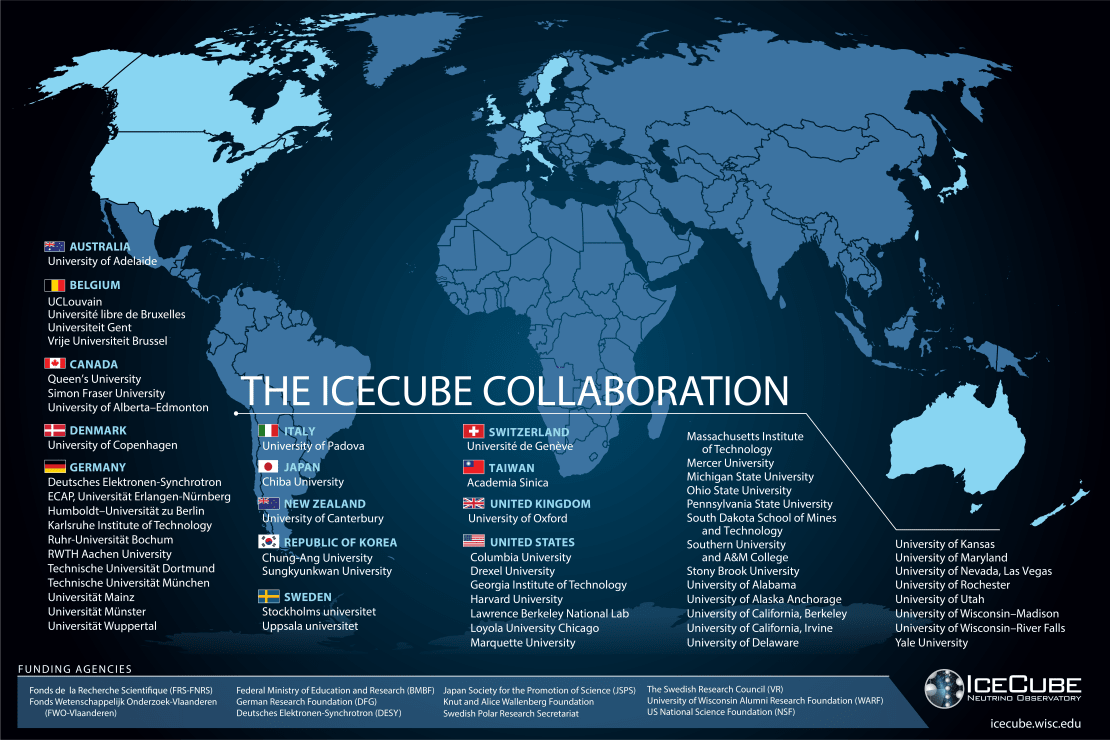 A map of all participating institutions of the IceCube Collaboration as of April 2025.