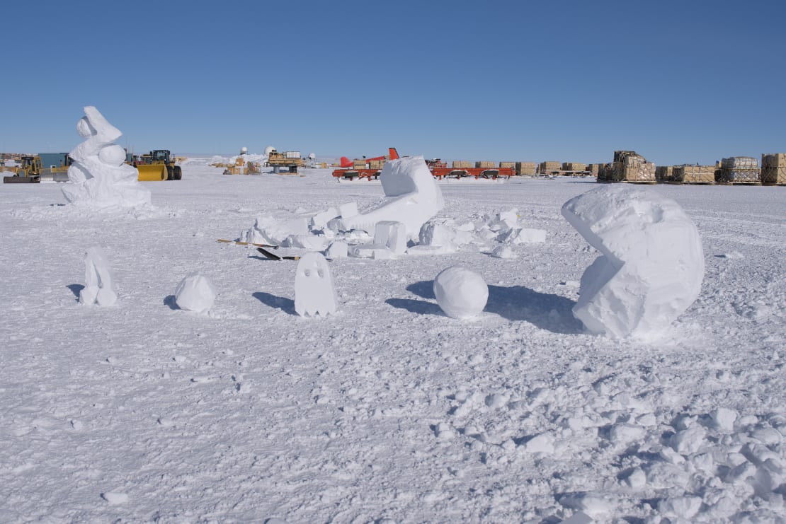 Large snow sculpture of Pac-Mac.
