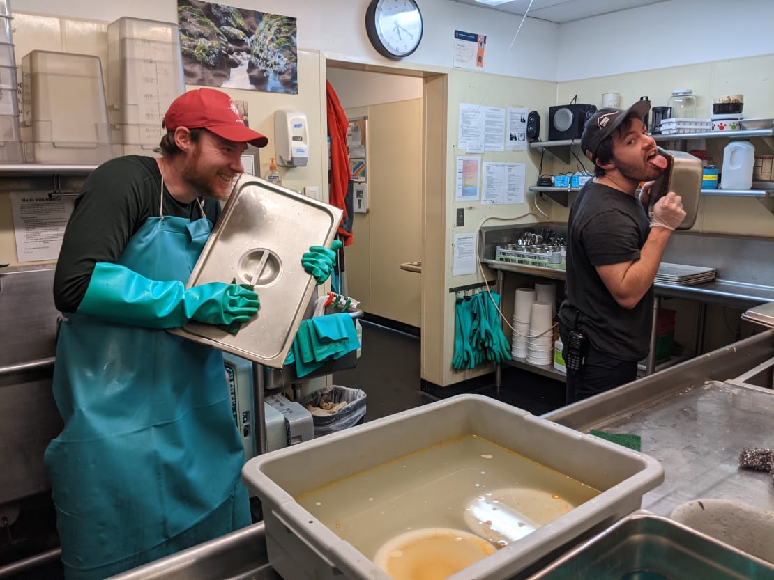 Martin and Josh being silly while working in the dishpit.