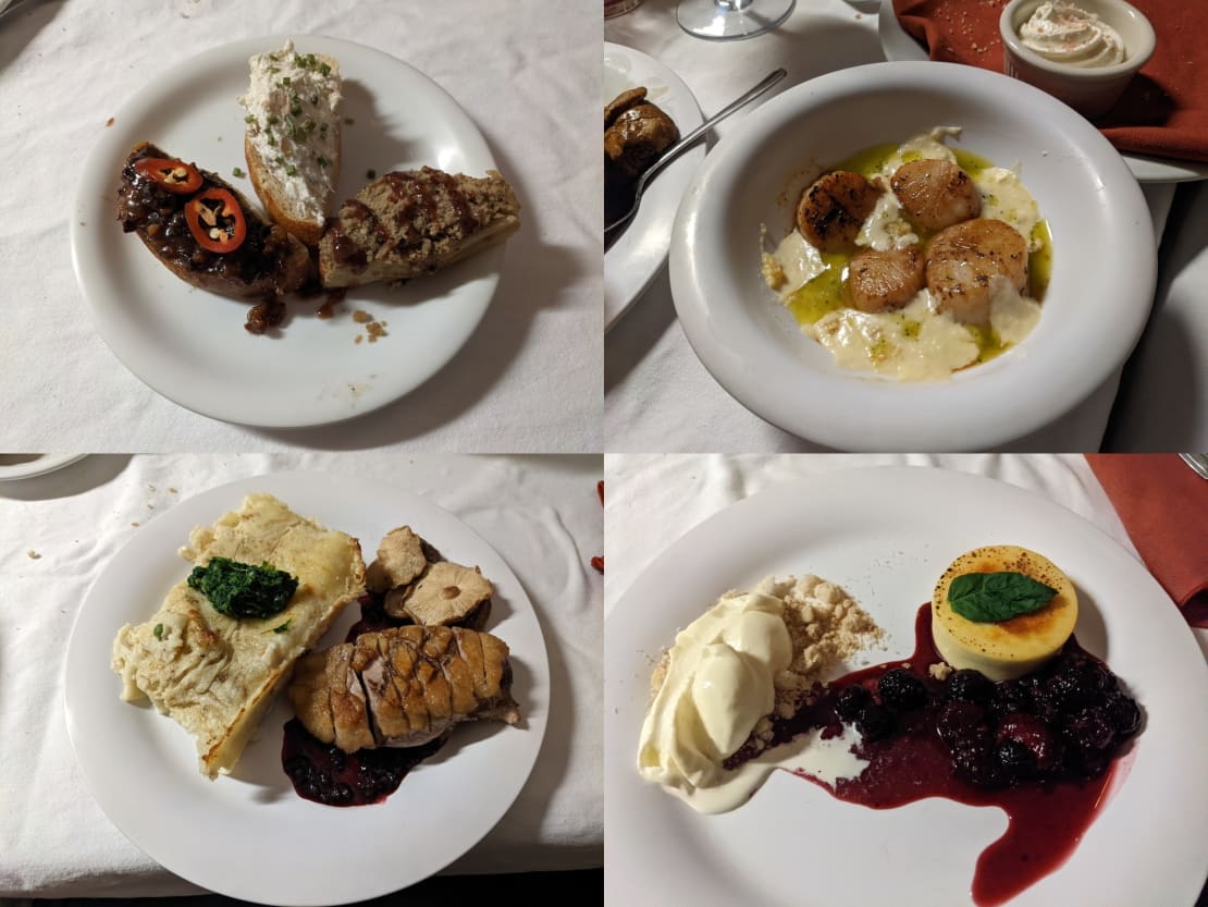 Composite photo of four courses of fancy meal.