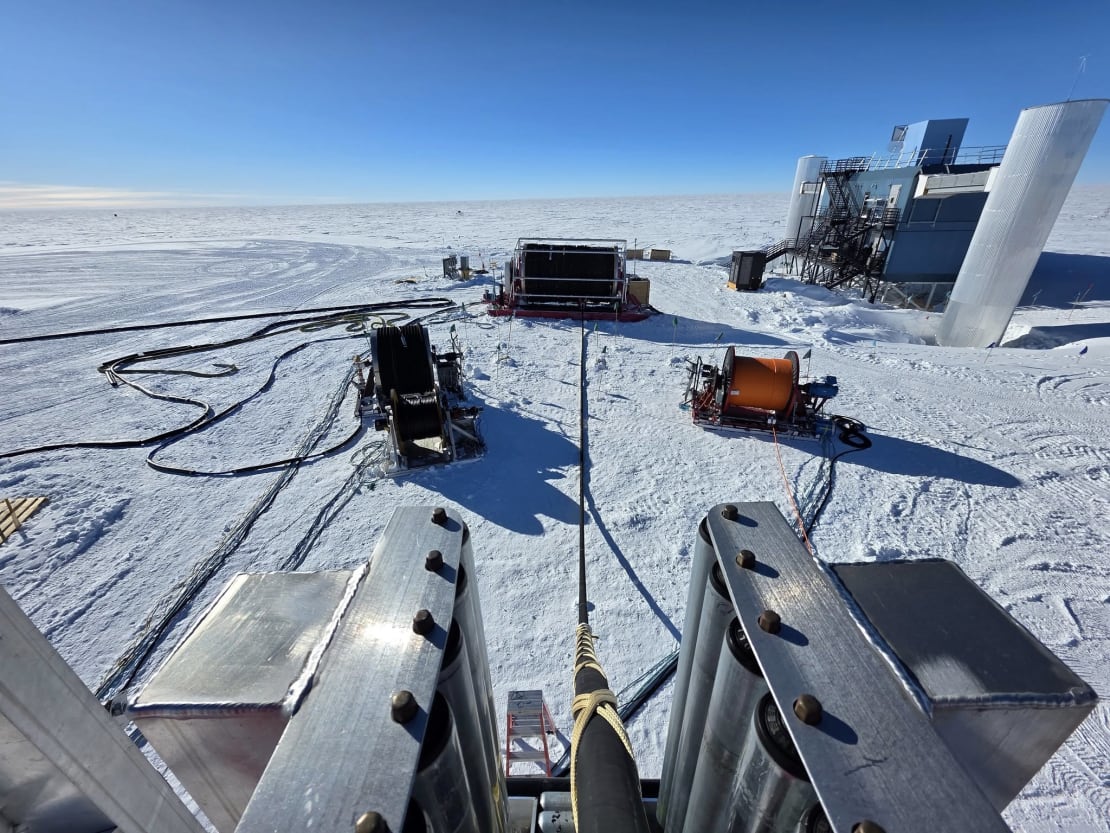 View of cable and hose reels from above in the drill tower.