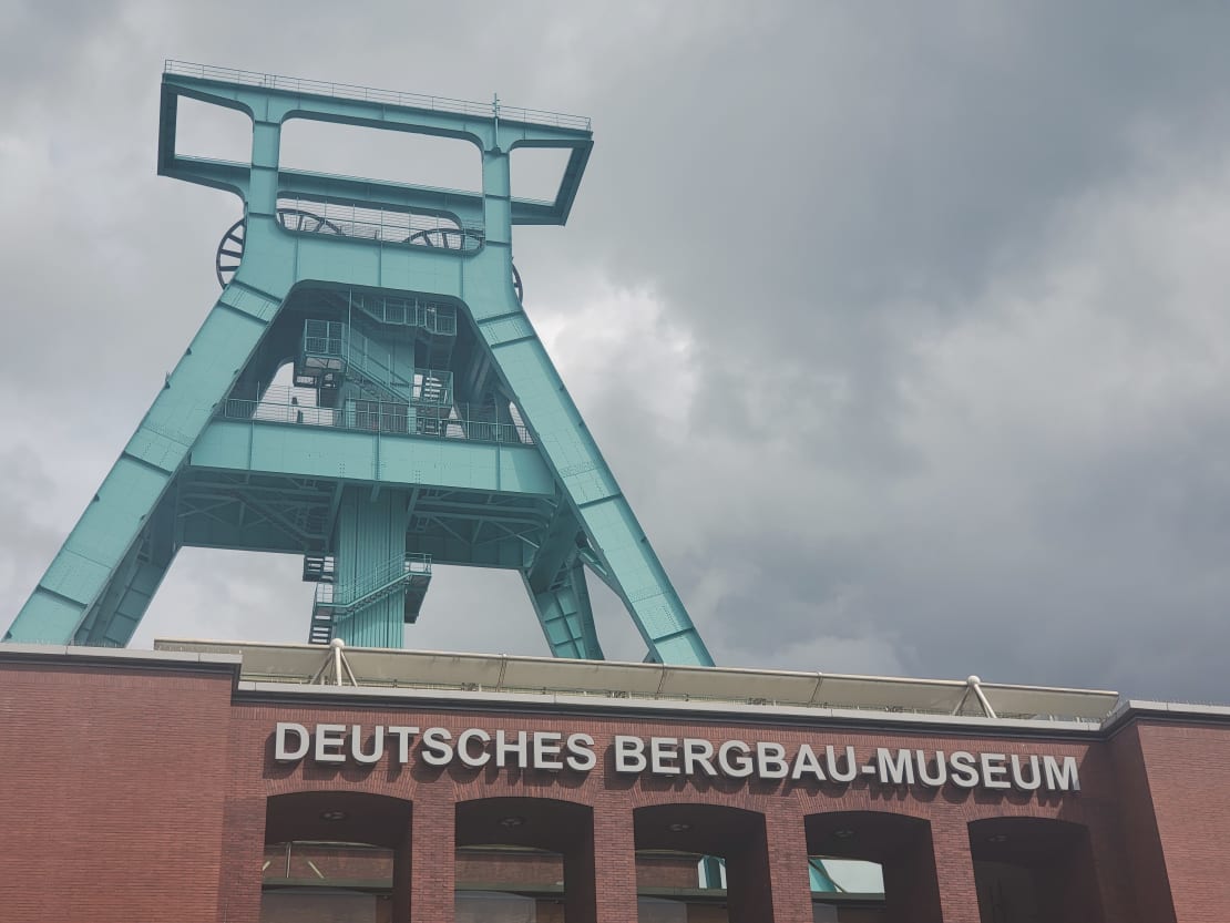 A mining tower is seen behind the entrance to the Deutsches Bergbau-Museum in Bochum, Germany.