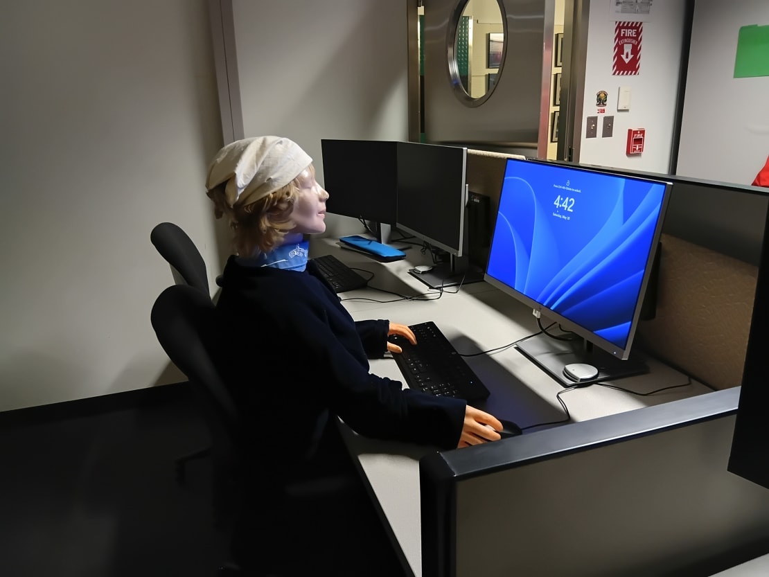 Mannequin seated in front of a computer.