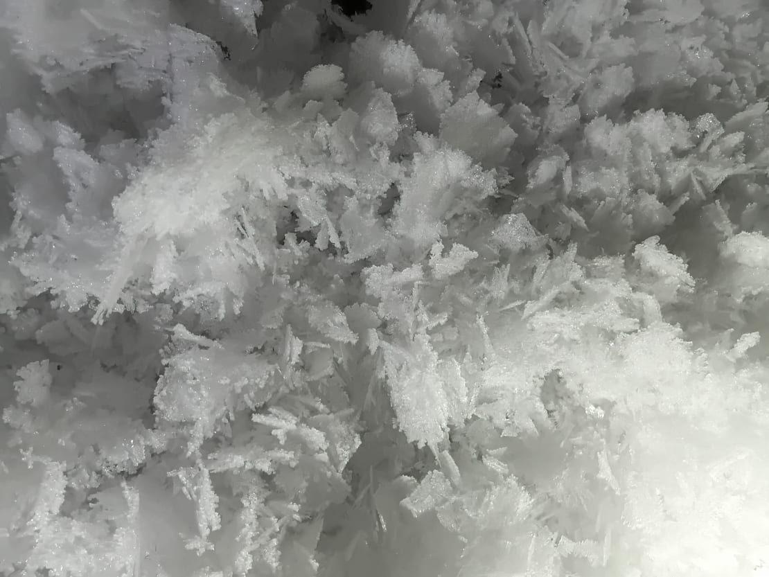 Close-up of crystalized formations in frost.
