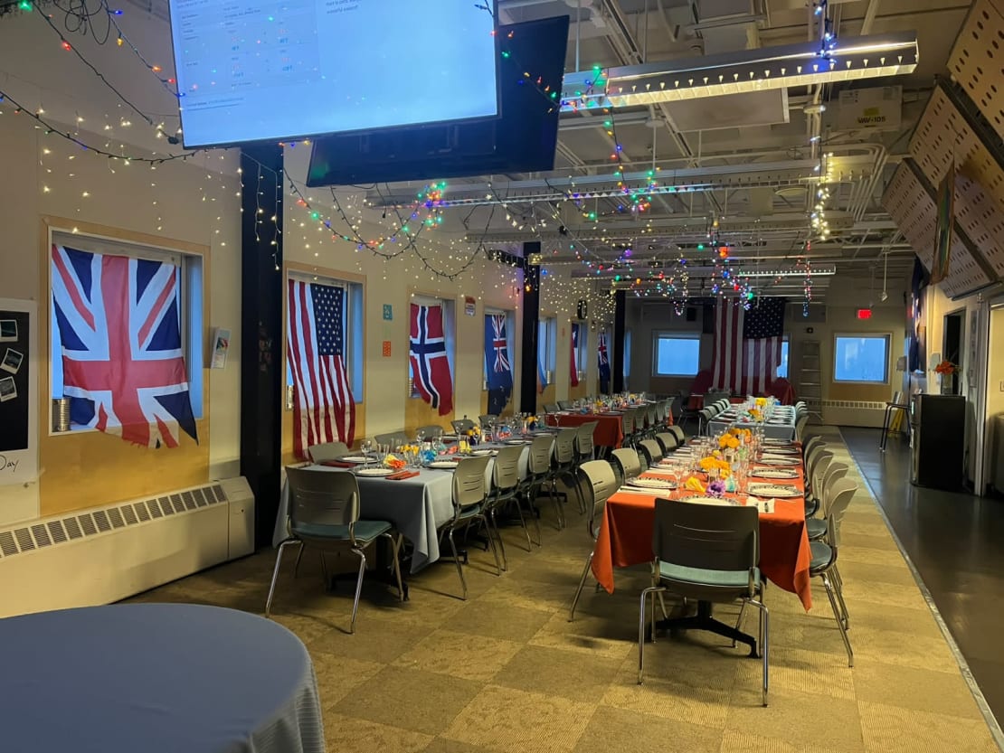 The South Pole galley decorated and readied for the sunrise dinner.