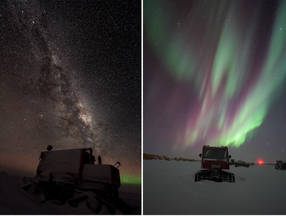 Two side-by-side vertical images highlighting the winter sky at the South Pole, Milky Way on the left, auroras on the right.