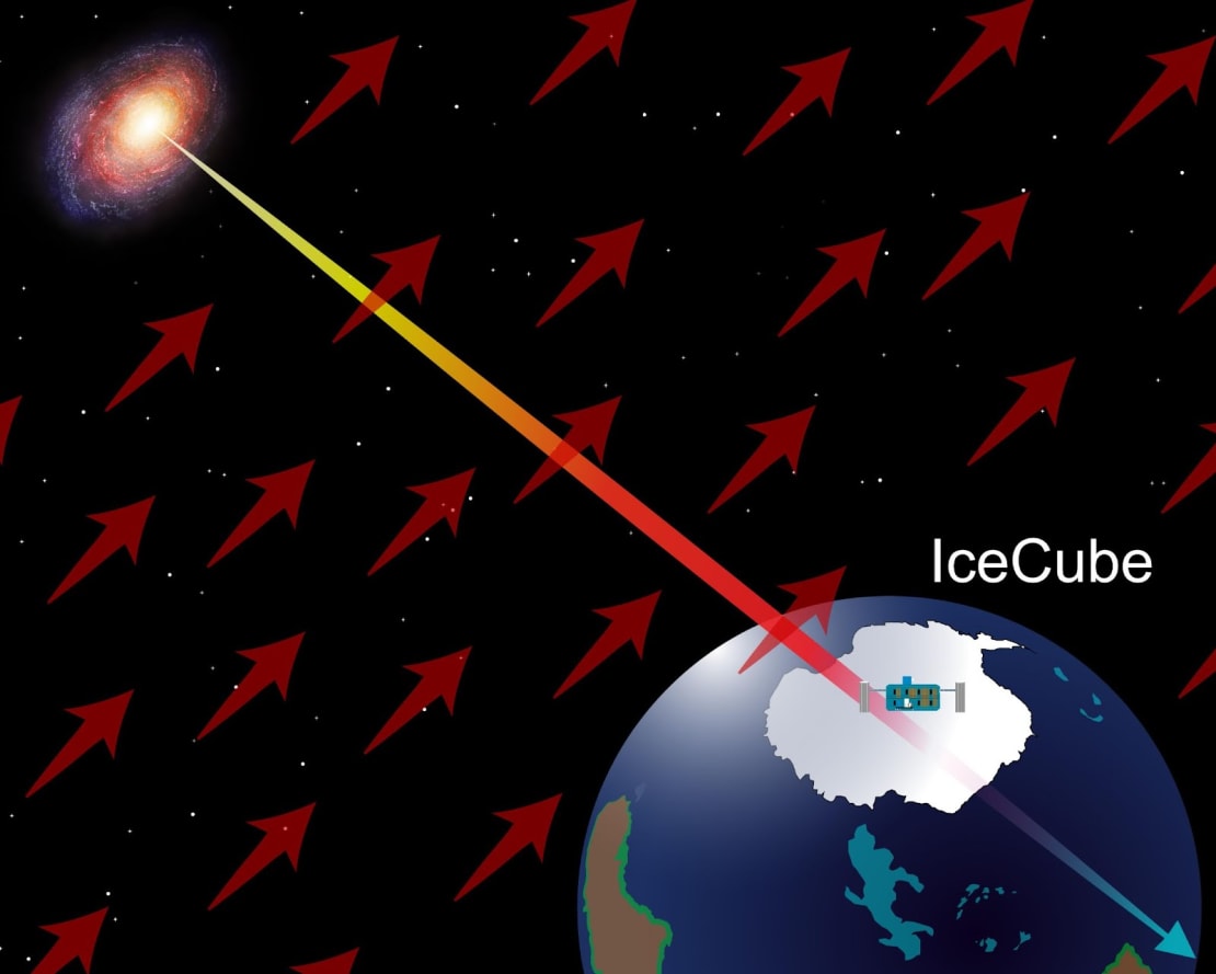 Illustration showing space-time defects affecting neutrino propagation in space