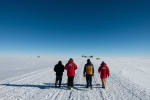 Four winterovers seen from behind while they walk side by side to the South Pole Telescope in the distance on the horizon, under a very clear blue sky.