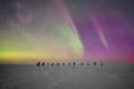 Colorful auroras filling the sky above the flags at the ceremonial Pole.