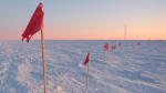 A red flag in foreground and the rest of flag line receding into background at sunrise at the South Pole.