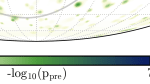 Sky map of the ESTES all-sky scan pre-trial p-values, which looks for statistically significant clusters of neutrinos within the ESTES data. In red, the most significant points in the northern and southern sky are circled. After applying a correction to the hottest spot (the red circle located just above the horizon) p-value to account for the number of pixels tested, the p-value was found not to be significant enough to reject the null hypothesis. Therefore, no new astrophysical neutrino sources were identified.