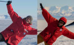 Two men in parkas posing at the South Pole